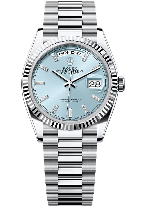 Rolex Day-Date “President” 36mm Platinum Ice Blue Diamond Baguette Dial –