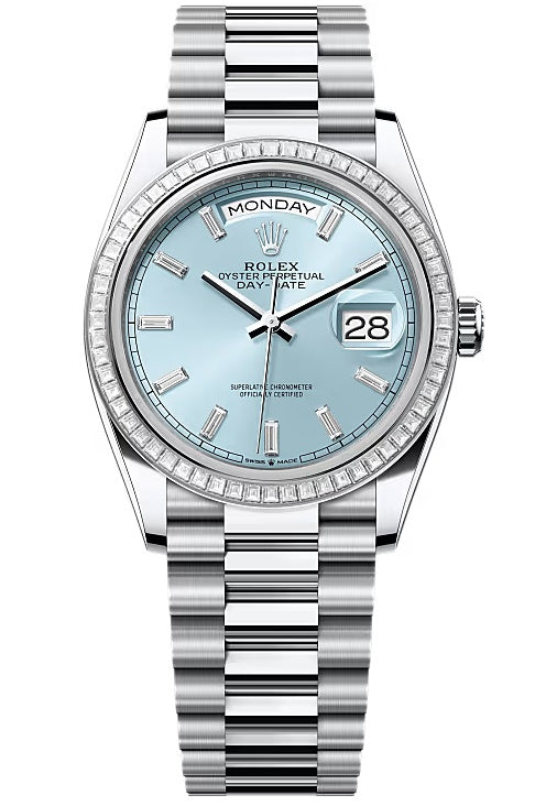 Rolex Day-Date “President” 36mm Platinum Ice Blue Diamond Baguette Dial Trapeze