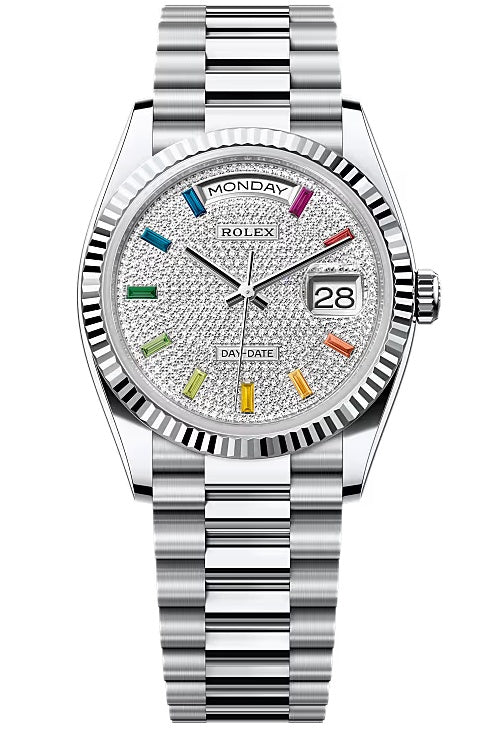 Rolex Day-Date “President” 36mm Platinum Rainbow Diamond Pave Dial – 128236 –