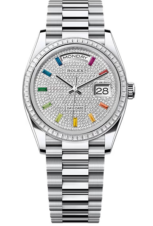 Rolex Day-Date “President” 36mm Platinum Rainbow Diamond Pave Dial Trapeze