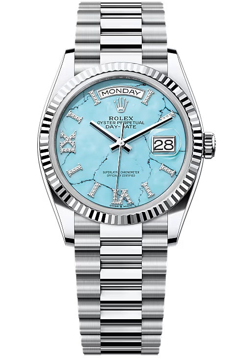 Rolex Day-Date “President” 36mm Platinum Turquoise Roman Diamond Dial – 128236