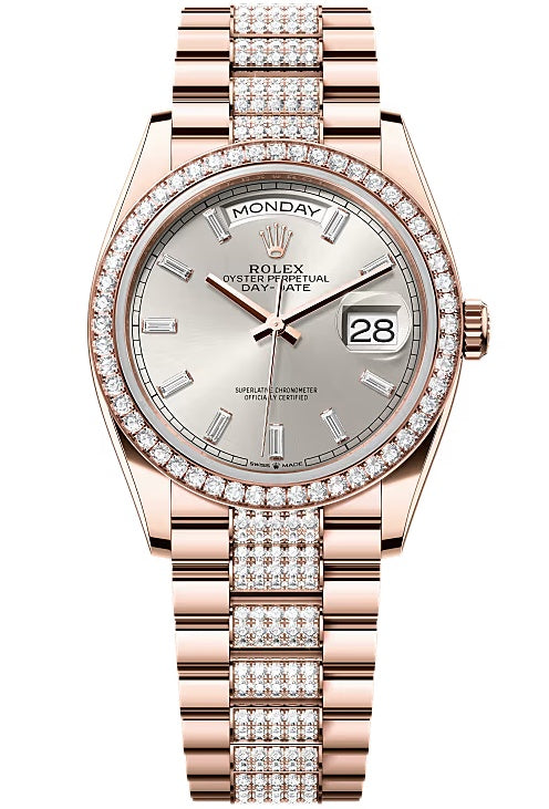 Rolex Day-Date “President” 36mm Silver Diamond Baguette Dial Diamond Bezel