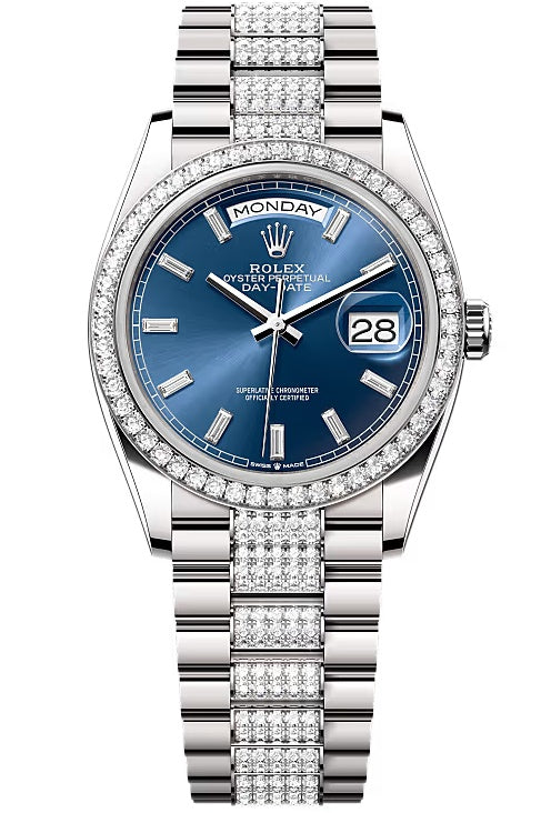 Rolex Day-Date “President” 36mm White Gold Blue Diamond Baguette Dial