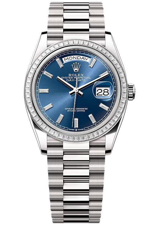 Rolex Day-Date "President" 36mm White Gold Blue Diamond Baguette Dial Trapeze