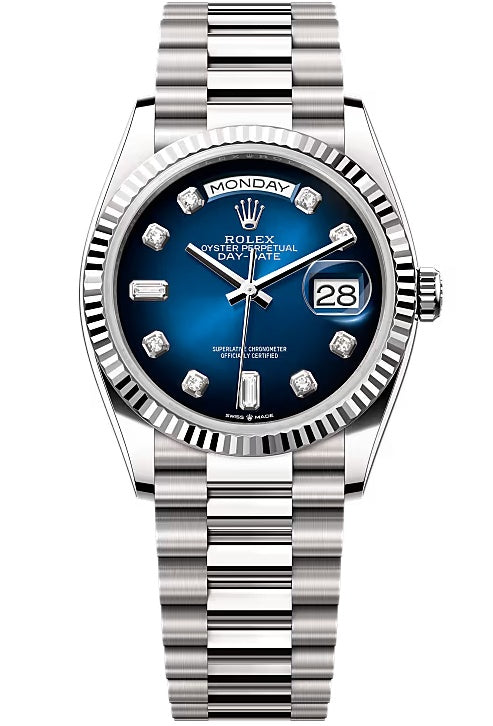 Rolex Day-Date “President” 36mm White Gold Blue Ombré Diamond Dial – 128239