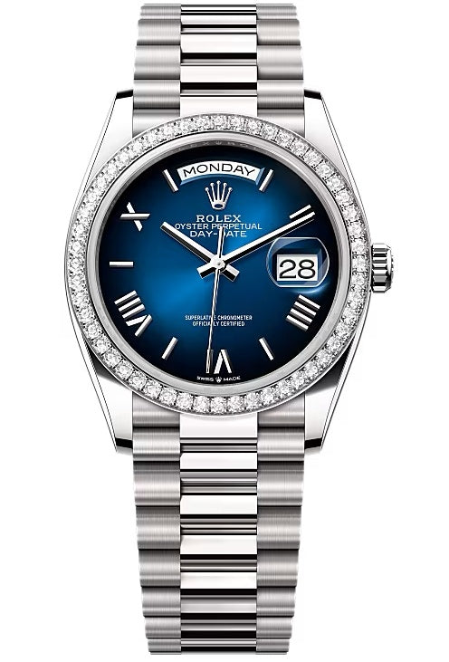 Rolex Day-Date "President" 36mm White Gold Blue Roman Ombre Dial Diamond Bezel