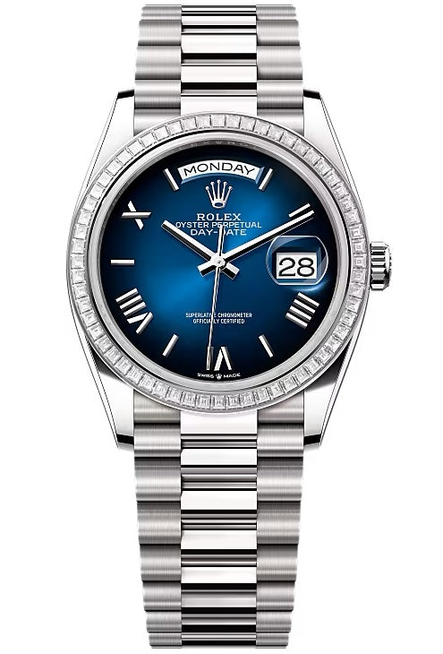 Rolex Day-Date "President" 36mm White Gold Blue Roman Ombre Dial Trapeze