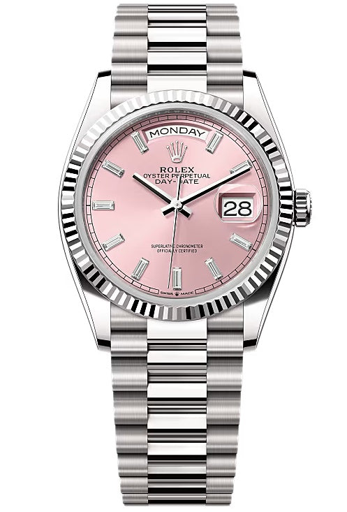 Rolex Day-Date “President” 36mm White Gold Pink Diamond Baguette Dial – 128239