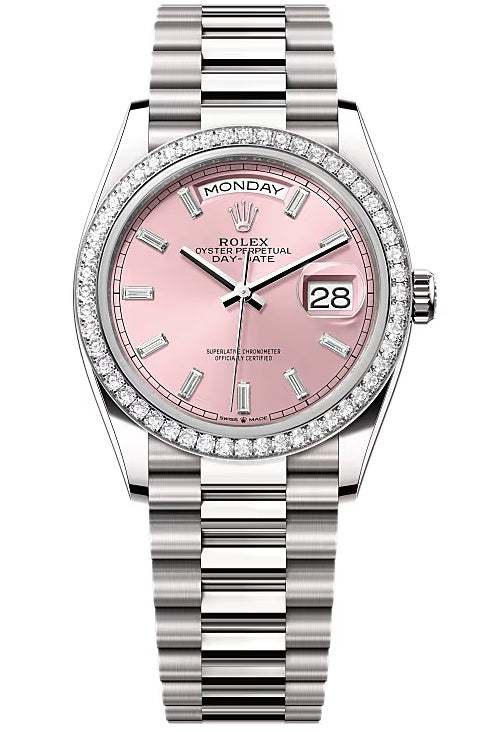 Rolex Day-Date “President” 36mm White Gold Pink Diamond Baguette Dial Diamond