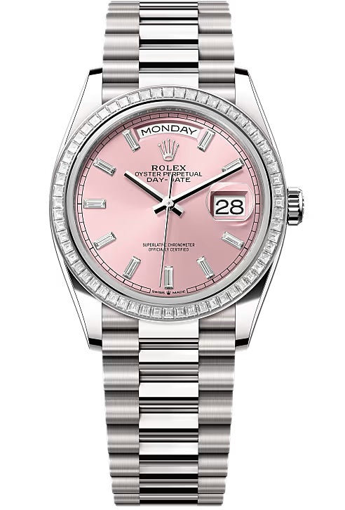 Rolex Day-Date “President” 36mm White Gold Pink Diamond Baguette Dial Trapeze
