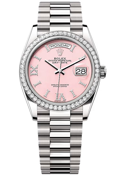 Rolex Day-Date “President” 36mm White Gold Pink Roman Diamond Dial Diamond