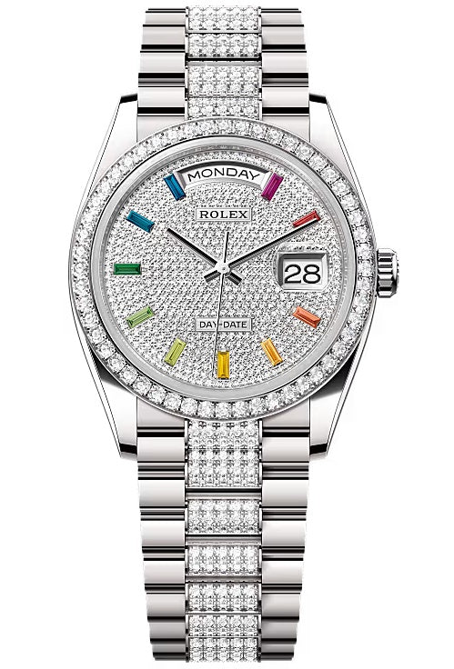 Rolex Day-Date “President” 36mm White Gold Rainbow Diamond Pavé Dial