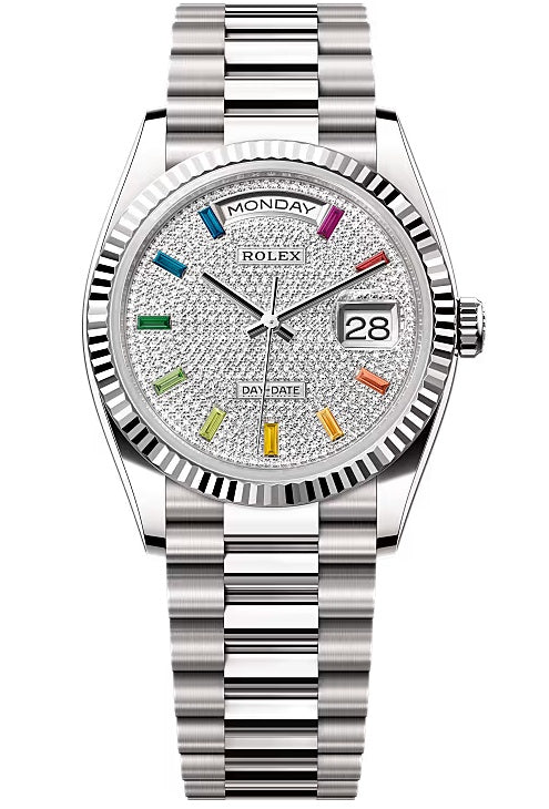 Rolex Day-Date “President” 36mm White Gold Rainbow Diamond Pavé Dial – 128239 –