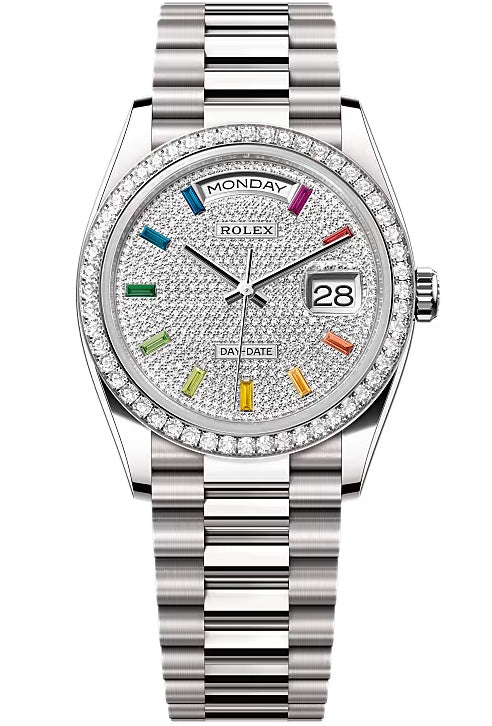 Rolex Day-Date “President” 36mm White Gold Rainbow Diamond Pavé Dial Diamond