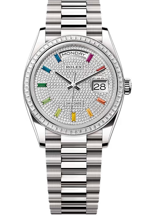 Rolex Day-Date “President” 36mm White Gold Rainbow Diamond Pavé Dial Trapeze