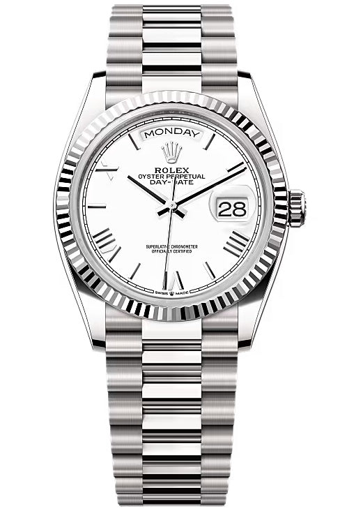 Rolex Day-Date “President” 36mm White Gold White Roman Dial – 128239 – New 2025