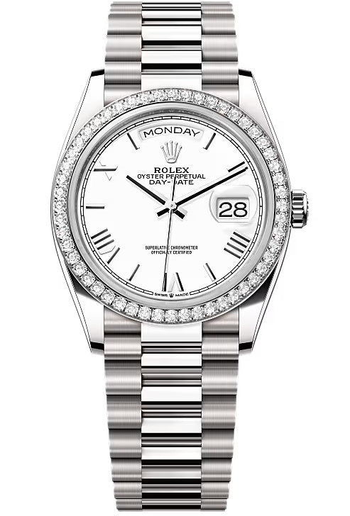 Rolex Day-Date “President” 36mm White Gold White Roman Dial Diamond Bezel