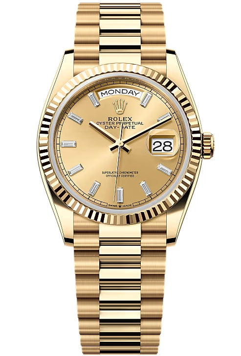 Rolex Day-Date "President" 36mm Yellow Gold Champagne Diamond Baguette Dial -