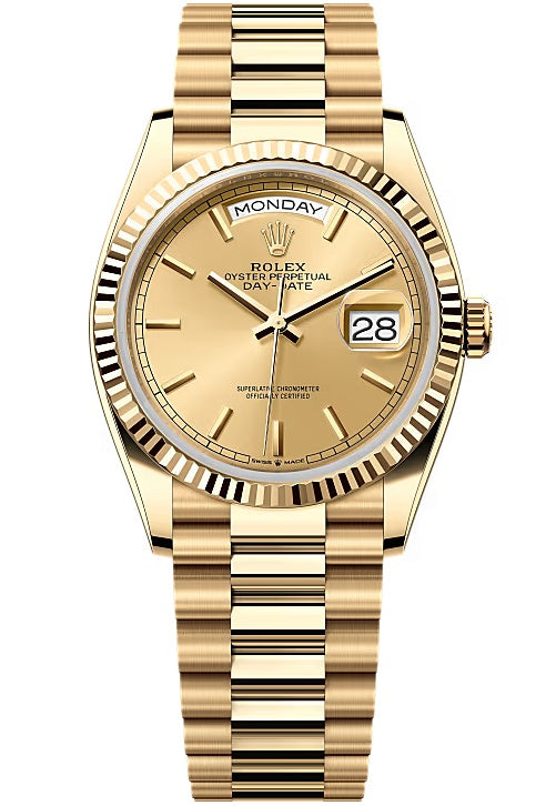 Rolex Day-Date "President" 36mm Yellow Gold Champagne Index Dial - 128238 - New