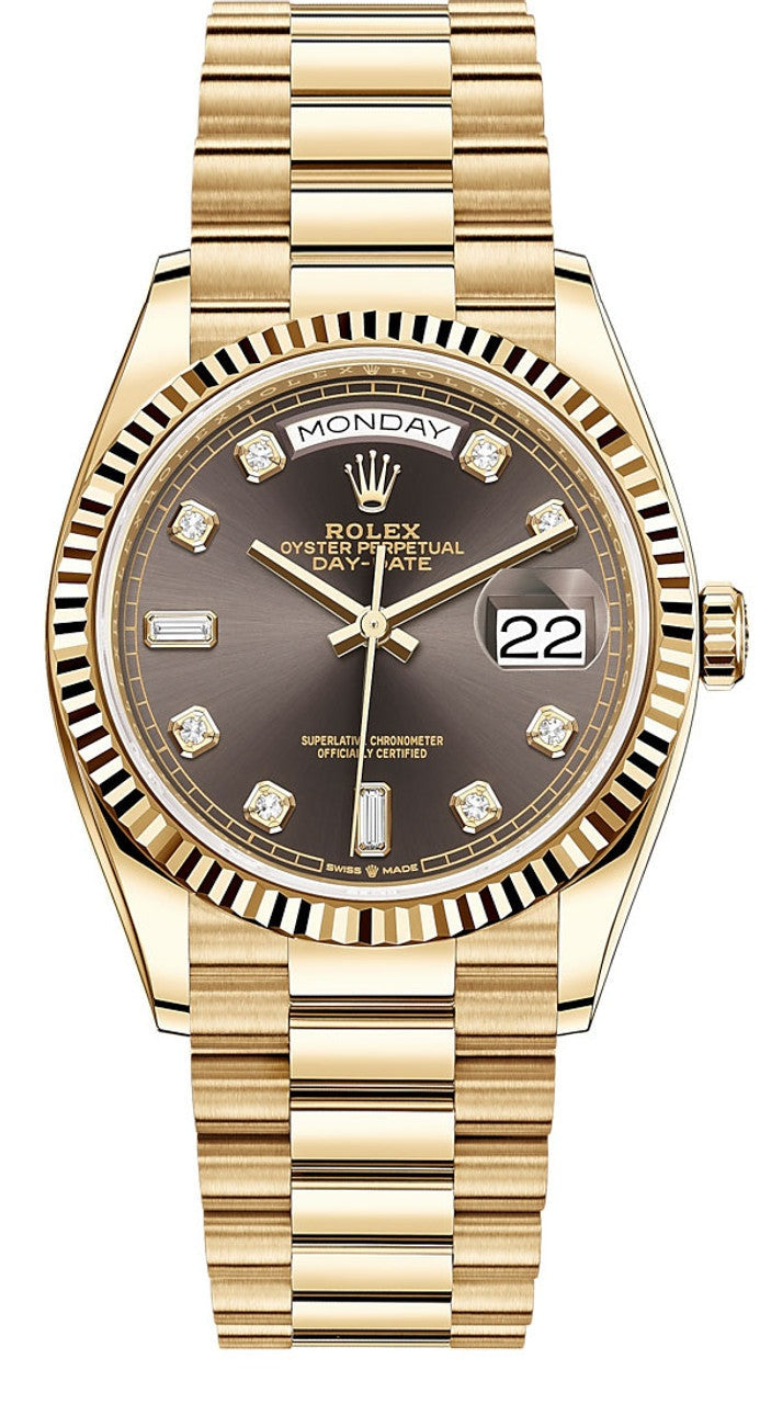 Rolex Day-Date “President” 36mm Yellow Gold Dark Grey Diamond Dial – 128238