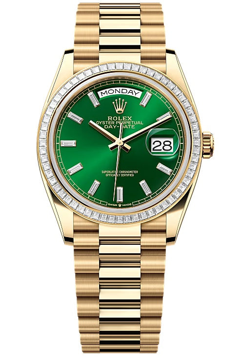 Rolex Day-Date "President" 36mm Yellow Gold Green Diamond Baguette Dial Trapeze
