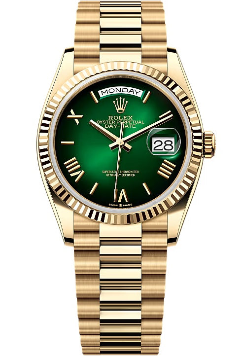 Rolex Day-Date "President" 36mm Yellow Gold Green Ombre Roman Dial - 128238