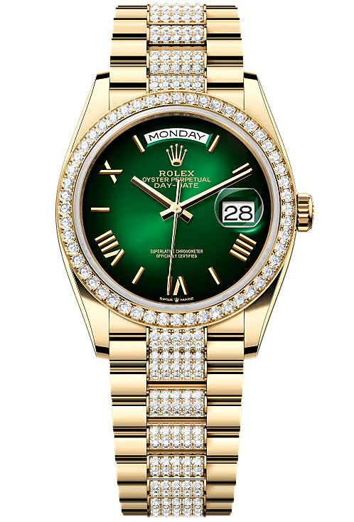 Rolex Day-Date "President" 36mm Yellow Gold Green Ombre Roman Dial Diamond-Set