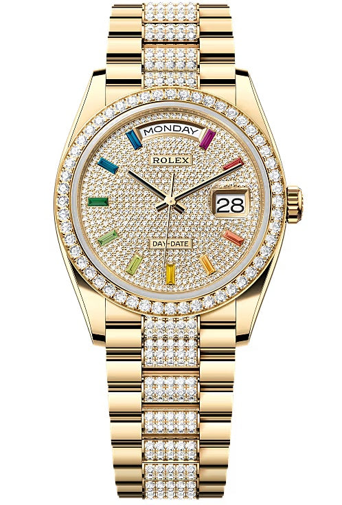 Rolex Day-Date "President" 36mm Yellow Gold Rainbow Diamond Pave Dial
