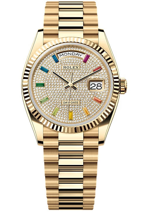 Rolex Day-Date "President" 36mm Yellow Gold Rainbow Diamond Pave Dial - 128238