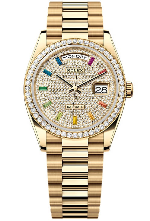Rolex Day-Date "President" 36mm Yellow Gold Rainbow Diamond Pave Dial Diamond