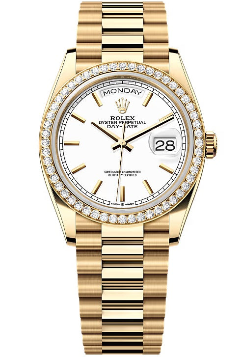 Rolex Day-Date “President” 36mm Yellow Gold White Index Dial Diamond Bezel