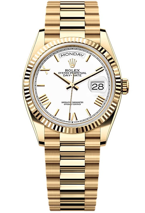 Rolex Day-Date "President" 36mm Yellow Gold White Roman Dial - 128238 - New 2025