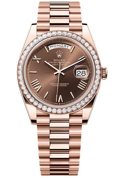 Rolex Day-Date "President" 40mm Everose Gold Chocolate Roman Dial Diamond Bezel