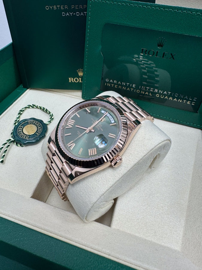 Rolex Day-Date "President" 40mm Everose Gold Olive Green Roman Dial - 228235 -