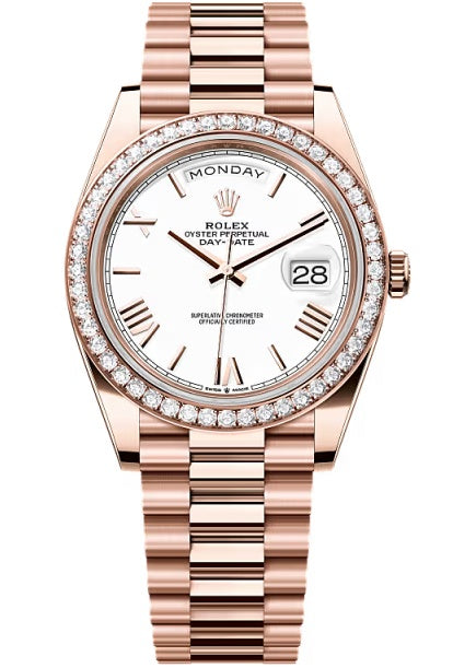 Rolex Day-Date "President" 40mm Everose Gold White Roman Dial Diamond Bezel –