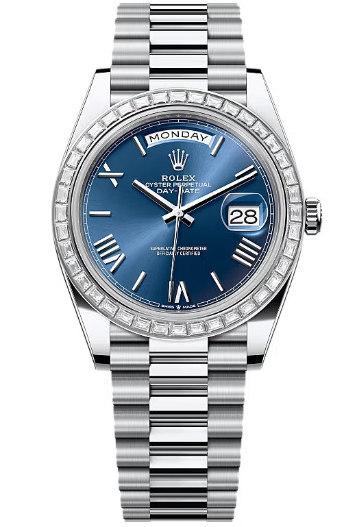 Rolex Day-Date "President" 40mm Platinum Bright Blue Roman Dial Trapeze Diamond
