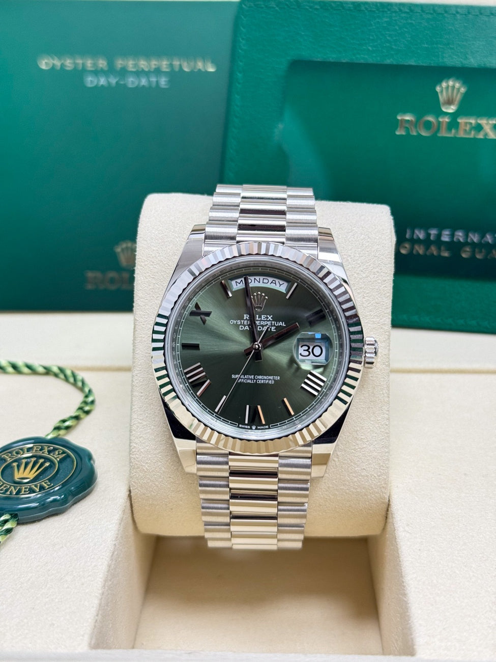Rolex Day-Date "President" 40mm Platinum Green Olive Roman Dial - 228236 - New