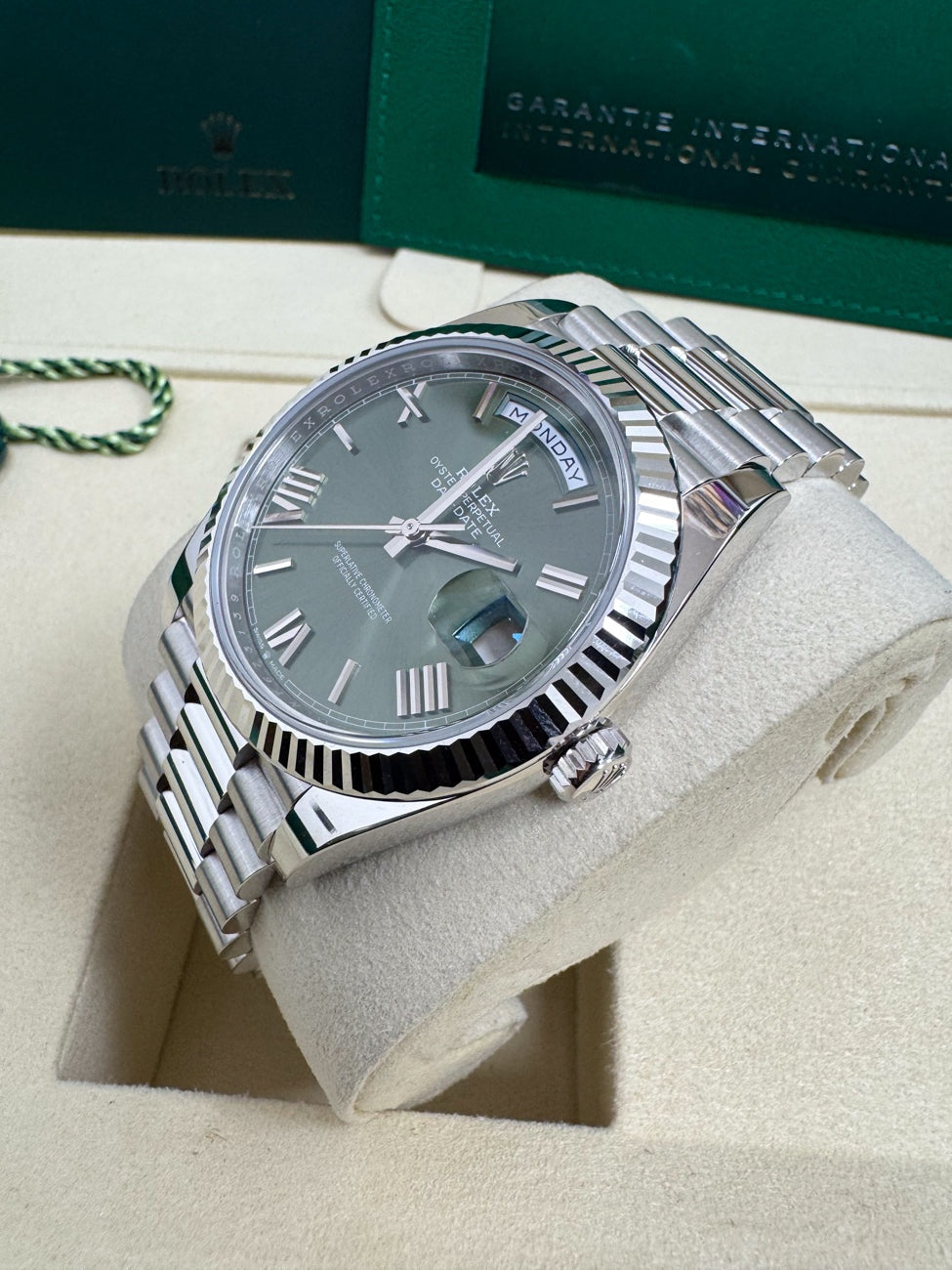 Rolex Day-Date "President" 40mm Platinum Green Olive Roman Dial - 228236 - New
