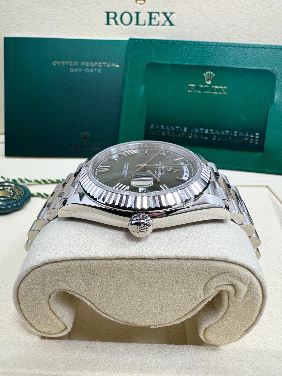 Rolex Day-Date "President" 40mm Platinum Green Olive Roman Dial - 228236 - New