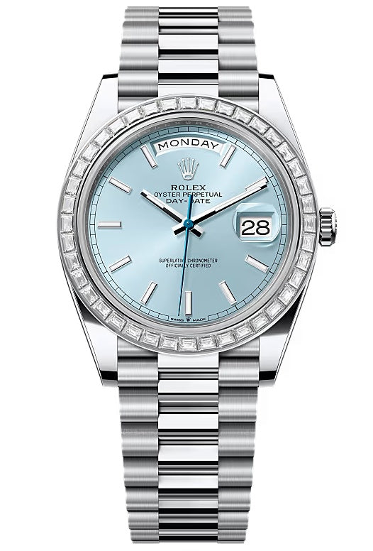 Rolex Day-Date "President" 40mm Platinum Ice Blue Index Dial Trapeze Diamond
