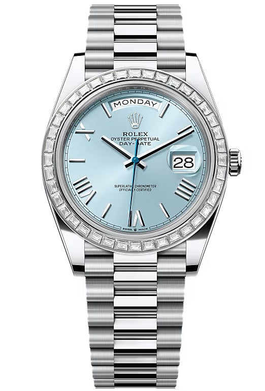 Rolex Day-Date "President" 40mm Platinum Ice Blue Roman Dial Trapeze Diamond