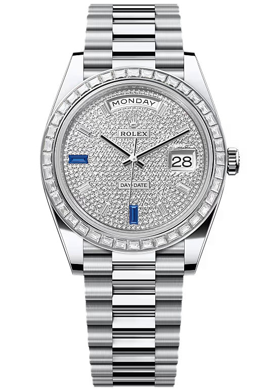 Rolex Day-Date "President" 40mm Platinum Pave Diamond Sapphire Dial Trapeze