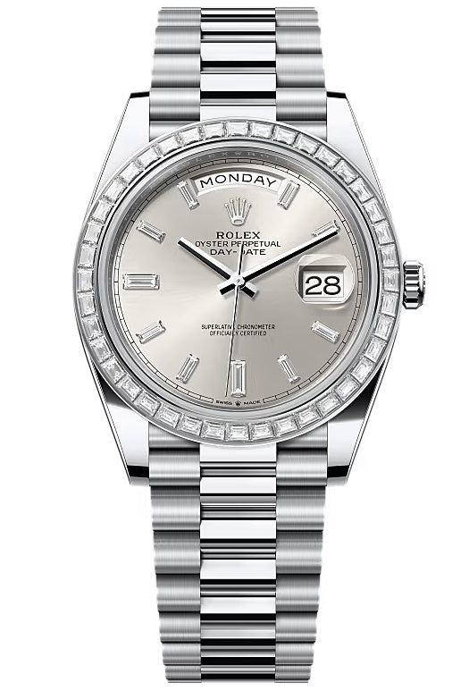 Rolex Day-Date "President" 40mm Platinum Silver Diamond Baguette Dial Trapeze