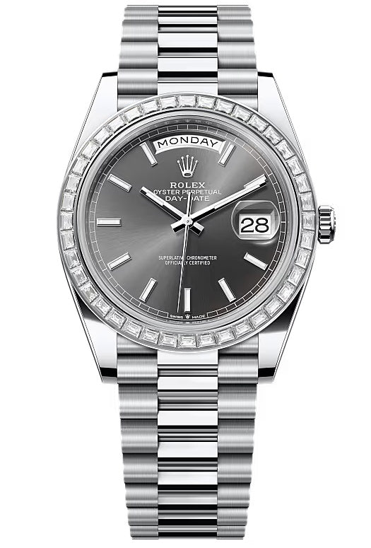 Rolex Day-Date "President" 40mm Platinum Slate Index Dial Trapeze Diamond Bezel