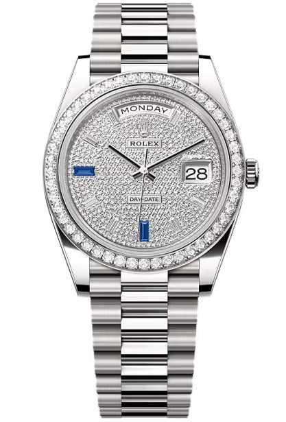 Rolex Day-Date "President" 40mm White Gold Pave Diamond Sapphire Dial Diamond