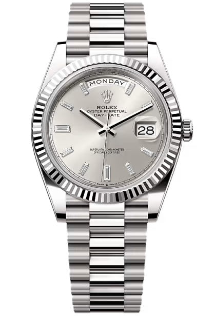Rolex Day-Date "President" 40mm White Gold Silver Diamond Baguette Dial