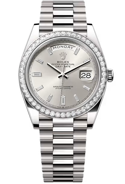 Rolex Day-Date "President" 40mm White Gold Silver Diamond Baguette Dial Diamond