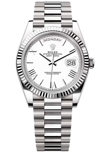 Rolex Day-Date "President" 40mm White Gold White Roman Dial - 228239 - New 2025