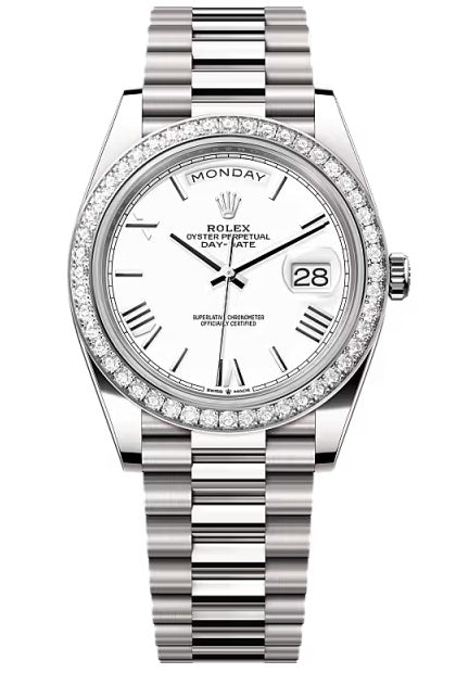 Rolex Day-Date "President" 40mm White Gold White Roman Dial Diamond Bezel –