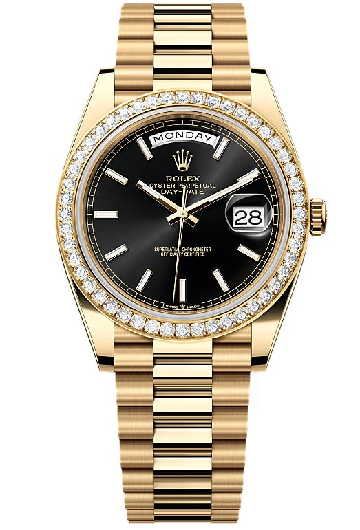 Rolex Day-Date "President" 40mm Yellow Gold Black Index Dial Diamond Bezel -